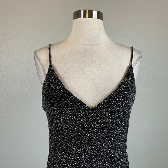 Betsy & Adam Black Metallic Column Gown Size 12 Sleeveless Thigh Slit Formal - Picture 6 of 12